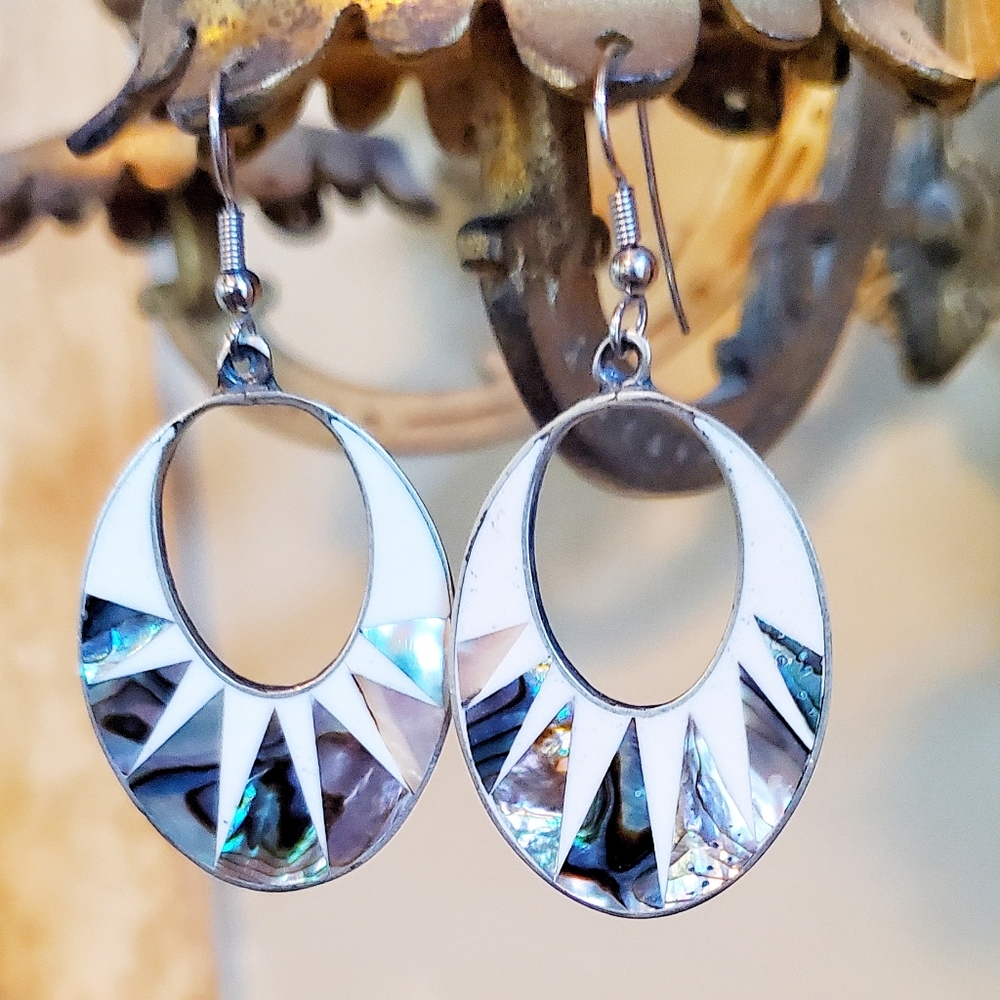 Vintage albalone shell with white enamel earrings